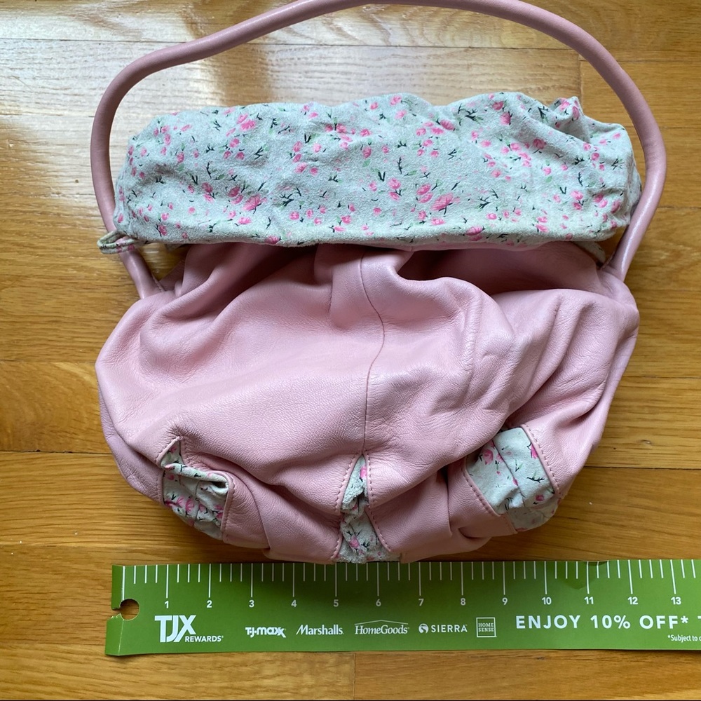 Pink leather drawstring pouch bag